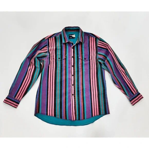 Vtg Wrangler Brushpopper Shirt 17 36 Western Rodeo Cowboy Pink Purple Teal 90s